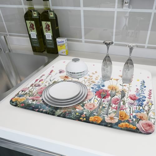 Colorful Flower Dish Drying Mat 18x24 Inch Botanical Floral Drainer Rack Mats Washable Absorbent Dish Dry Pad for Kitchen Counter Sink (Colorful Flower / 18" x 18")