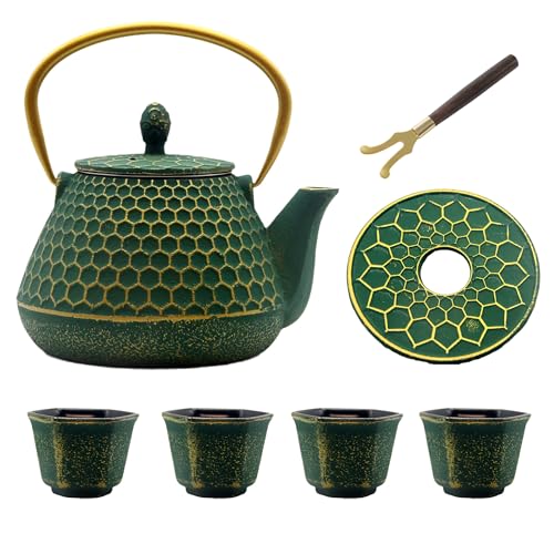 Cast Iron Teapot and Cups Set (Dark Green Hexagon Pattern, 1000ml/34oz with Cups)
