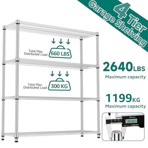 4 Tiers Shelf 2640 lbs Steel Storage Shelving Utility Shelving Unit Steel Organizer Wire Rack for Home (4 tier, 17.7" D x 59.1" W x 70.3" H / Chrome)