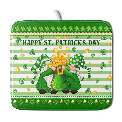 Shamrock Gnome Dish Drying Mat Coin Clover Dishes Fast Dry Mat 16x18 inch Absorbent Microfiber Dishware Drainer Pad for Kitchen Counter Sink (Shamrock Gnome Coin / 16" x 18")