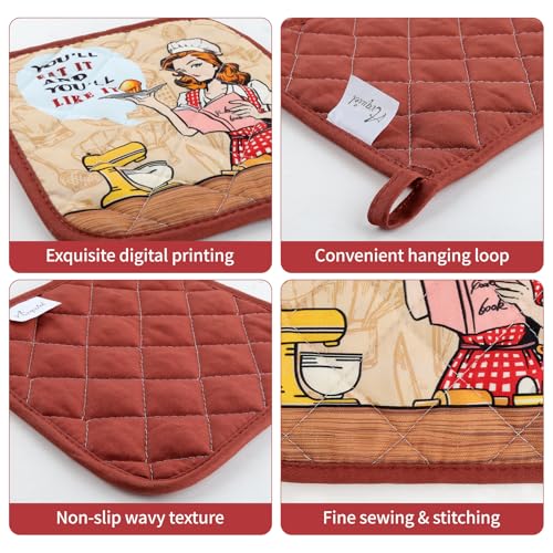 Retro Housewife Oven Mitts and Pot Holders Set (Housewife / Oven Mitt x2 & Pot Holder x2)