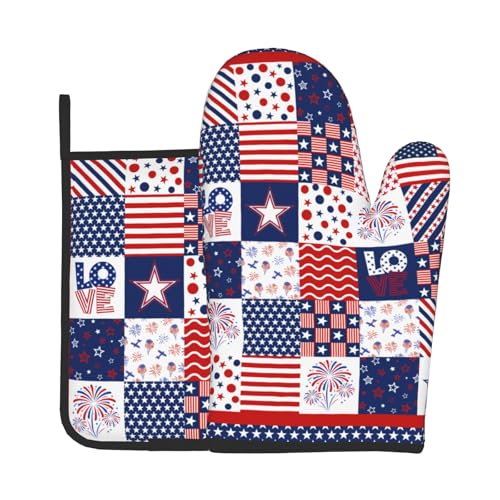 4th of July Patriotic Oven Mitts and Pot Holder Set of 2 Independence Day Heat Resistant Kitchen Gloves Hot Pads for Cooking Grilling BBQ (Patriotic Flag)