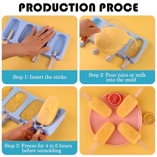3 Pack Large Silicone Popsicle Molds with 150 Pcs Wooden Sticks (3 Pcs Large - Blue)