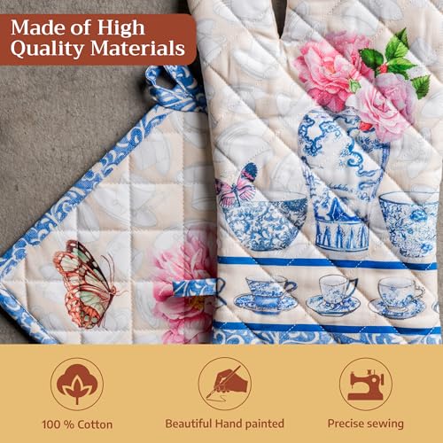 100% Cotton Oven Mitt & Pot Holder Set (017 - Canton / 7.5" x 13" & 8" x 8" (Oven Mitt & Pot Holder))