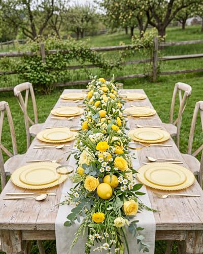 180PCS Yellow Gold Plastic Plates Set for 30 Guests Wedding Party (Yellow and Gold Plastic Dinnerware Set / 180PCS)