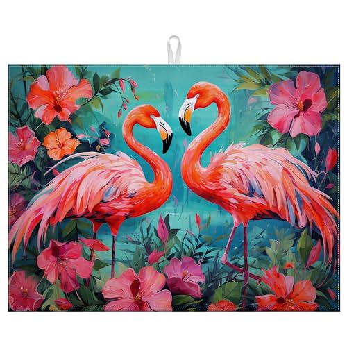 Tropical Flower Flamingo Dish Drying Mat for Kitchen Counter Microfiber Absorbent Dish Kitchen Drying Mat Draining Reusable Washable for Dishes