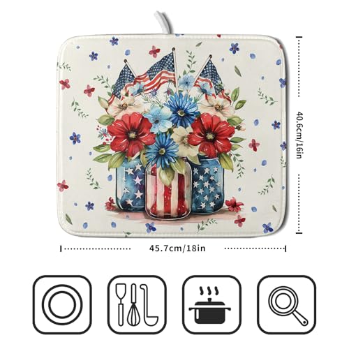 American Patriotic Floral Dish Drying Mat Flower Vase Drainer Rack Mats 16"x18" Absorbent Microfiber Dish Dry Pad for Kitchen Counter Sink (Patriotic Floral Vase / 16" x 18")
