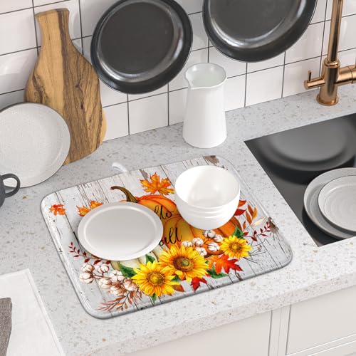Hello Fall Dish Drying Mat for Kitchen Counter 16x18 Inch Orange Pumpkin Absorbent Drying Pad with Hanging Loop Autumn Home Decoration (Hello Fall Pumpkin / 16" x 18")