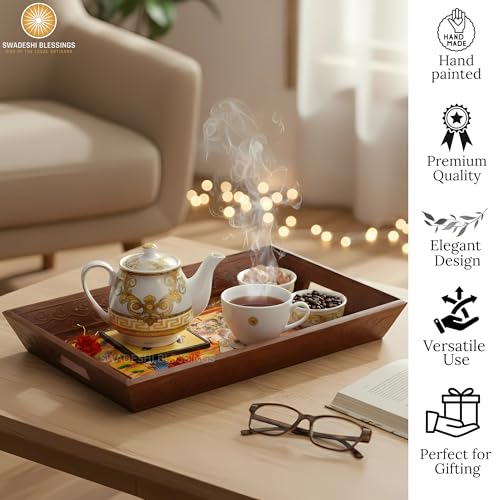 Hand Painted Wooden Serving Tray Set of 3 (Brown / Set of 3)