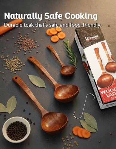 Soup Ladle Luxury Teak Wood Ladle Set of 3 (Brown Teak Soup Ladle Set)