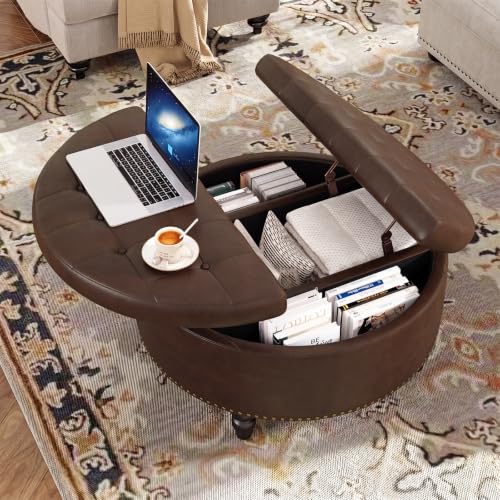31.5 Inch Large Round Ottoman with Storage Circular (Chocolate)