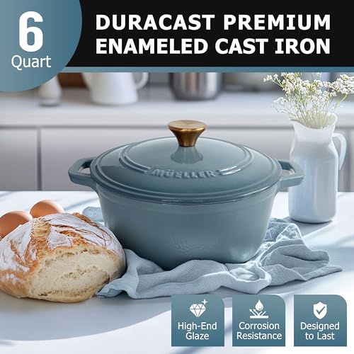 MUELLER HOME 6 Quart Enameled Cast Iron Pot Dutch Oven (6 Quart -Round / Mineral Blue)