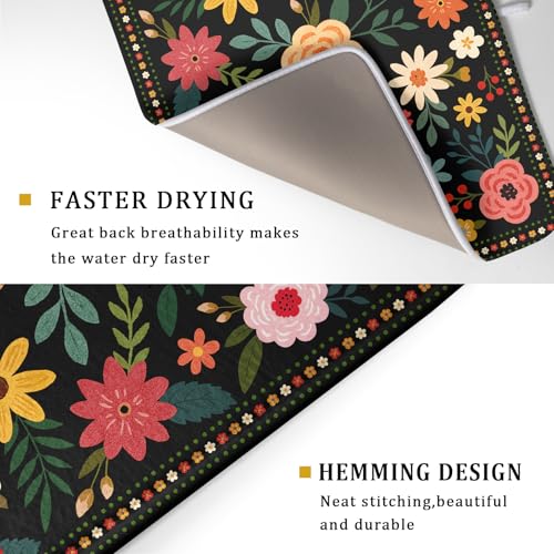 Boho Floral Dish Drying Mat 18x24 Inch Colorful Flower Dishes Dry Mats Absorbent Washable Drainer Rack Pad Protective Kitchen Counter Decor (Black Boho Floral / 24" x 18")