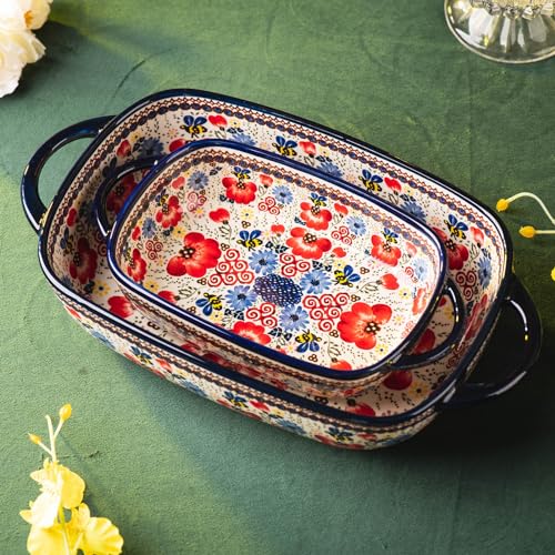 Baking Dish Ceramic Baking Pan Blue Casserole Dish Porcelain rectangular Baking Set 2pcs Bakeware Sets Single Serving Size Lasagna Pan Baking Dishes for oven (Honey Flower)