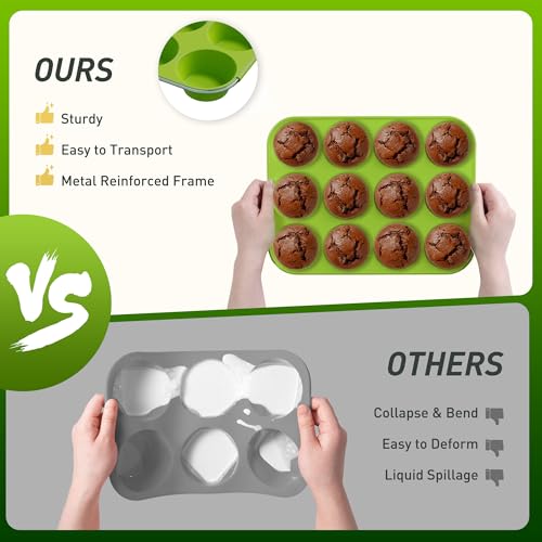 2 Pack 12 Cups Silicone Muffin Pan with Metal Reinforced Frame Regular Size Silicone Molds Cupcake Cake Baking Pans Cookie Baking Chocoflan Cupcake Mold Kitchen Baking Mold Tools for Cooking (2pc: 12-Cup Regular / Green)