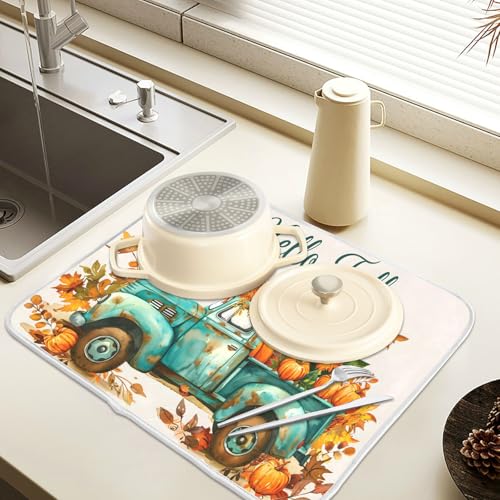Vintage Fall Truck with Pumpkins Autumn Leaves Dish Drying Mat for Kitchen Counter Absorbent Microfiber Large Drying Pad Dish Mats for Kitchen Countertops 18 x 24 Inch (24" x 18")