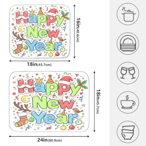 Cute Happy New Year Dish Drying Mat for Kitchen Counter Absorbent Microfiber Small Drying Pad Dish mats for Kitchen Countertops 16 x 18 Inch (Happy New Year / 18" x 16")