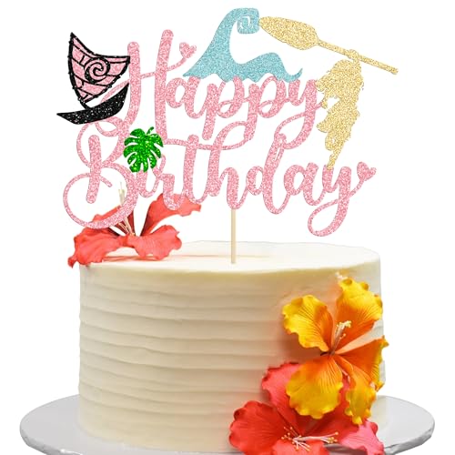 1Pcs Summer Cake Topper Glitter Tree Flower Happy Birthday Cake Pick Decoration for Tropical Hawaiian Luau Theme Baby Shower Kids Birthday Party Cake Decorations Supplies Pink (Pink 4)