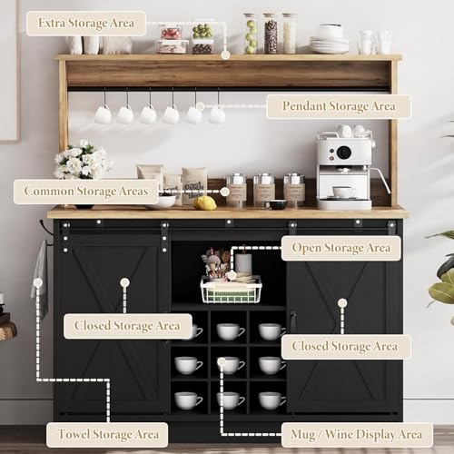 47" Coffee Bar Cabinet with Storage Hutch & Wine Rack (47Inch / Black)