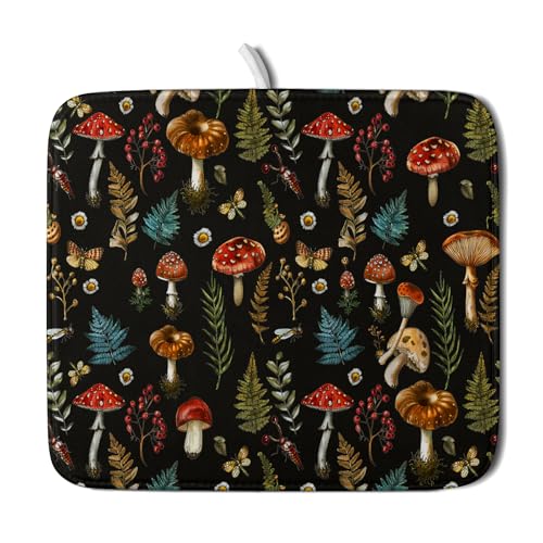 Mushroom Forest Dish Drying Mat Fern Leaves Black Drainer Mat for Kitchen Countertop 16 X 18 Inch (Mushroom - Black / 18" x 16")