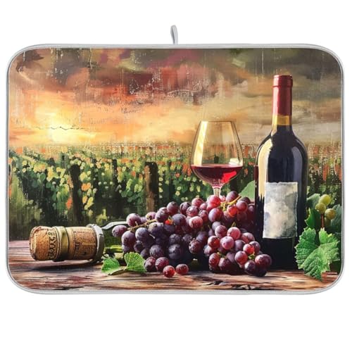 Grapes Wine Glass Bottle Dish Drying Mat for Kitchen Counter Absorbent Microfiber Drying Pad (18" x 18")