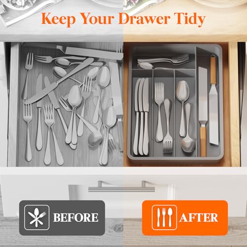 Silverware Drawer Organizer Tray (Gray / 9.5 x 13.4 inch (5 Slots))