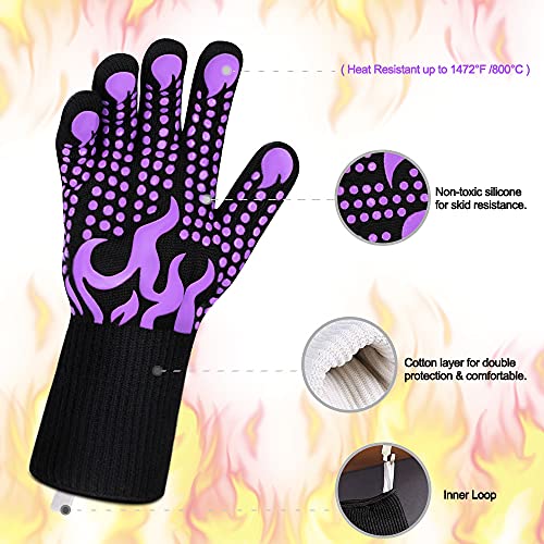 BBQ Gloves 1472 Degree F Heat Resistant Grilling Gloves Silicone Non (short / Purple)