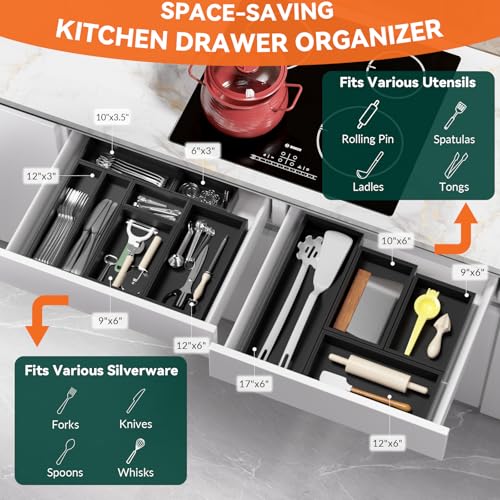 Bamboo Kitchen Drawer Organizer (10 x 6 x 2 Inch / Black)