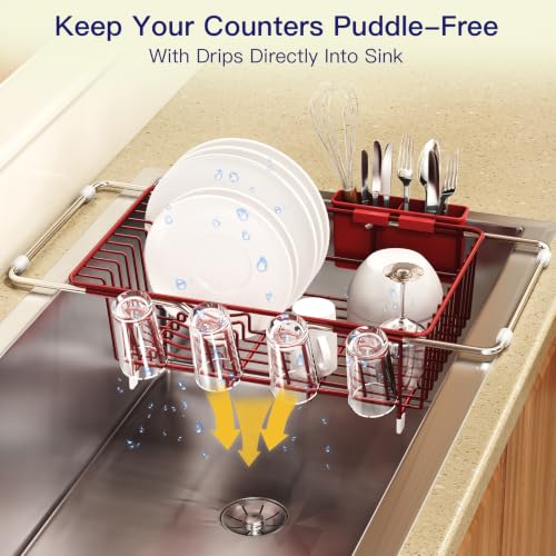 Red Expandable Dish Drying Rack Over Sink with Anti (Red / For 11.5"-16" W Sink with Cup Holder)