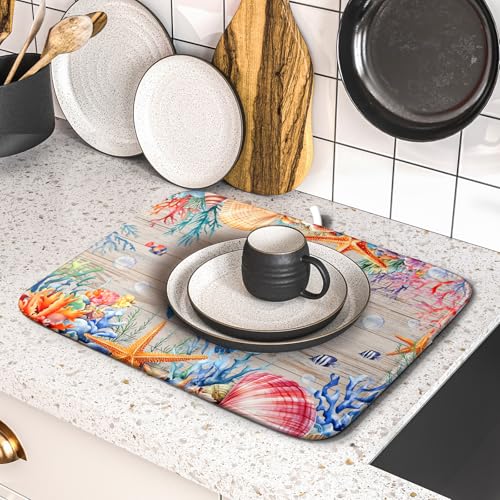 Sea Turtle Dish Drying Mat 16x18 inch Tropical Ocean Fast Dry Absorbent Microfiber Dishes Drainer Rack Pad for Countertop Bar Table Decor (Marine Turtle / 16" x 16")