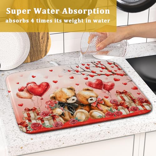 Valentines Day Dish Drying Mat Bear Lover Absorbent Kitchen Drying Mats for Countertops 18 X 16 (Red Bear Lover / 18" x 16")