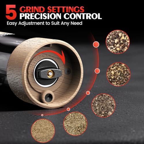 Electric Salt and Pepper Grinder Set Automatic Battery Pepper Mill Shakers Adjustable Coarseness Upgraded Larger Capacity with Led Home and Kitchen Appliances Birthday Gifts for Women Mom (Wood Grain)