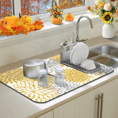 2Pcs Fall Dish Drying Mat & Sink Splash Guard (Yellow / 16" X 24" + 24" X 5.5")