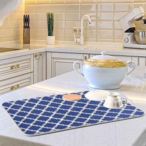 Navy Blue Trellis Lattice Dish Drying Mat for Kitchen Counter Absorbent Microfiber Drying Pad (18" x 24")