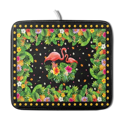 Tropical Flamingo Dish Drying Mat Palm Leaves Absorbent Dishes Drainer Pad Microfiber Dish Rack Mat for Kitchen Countertop Decor 16x18 Inch (Flamingo Leaves / 16" x 18")
