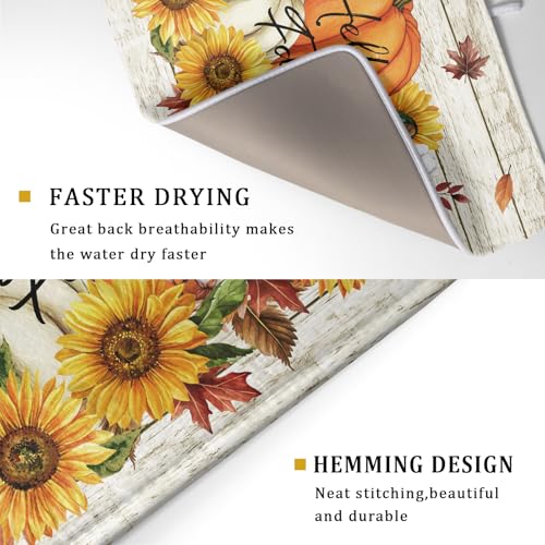 Hello Fall Dish Drying Mat Autumn Pumpkin Dish Drainer Rack Mats 18"x24" Fast Dry Microfiber Dish Drying Pad for Kitchen Countertop Table (Pumpkin Sunflower / 18" x 24")