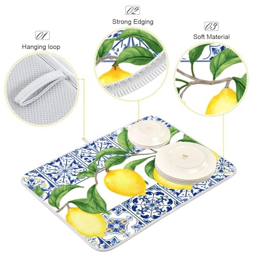 Lemon Blue Tiles Dish Drying Mat for Kitchen Counter Absorbent Microfiber Drying Pad (18" x 18")