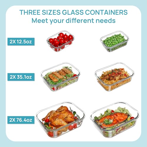 2.26L 76oz Extra Large Glass Food Storage Containers with Lids (Mixed of 6pack)