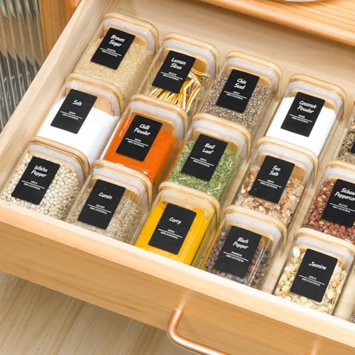 Square Glass Spice Jars with Labels 6 oz 6 Pack with Bamboo Lids (6 Count)