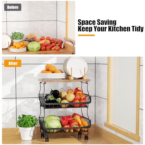 4 Tier Fruit and Vegetable Basket for Kitchen with Wheels (4 Tier / Black With Wooden Top)