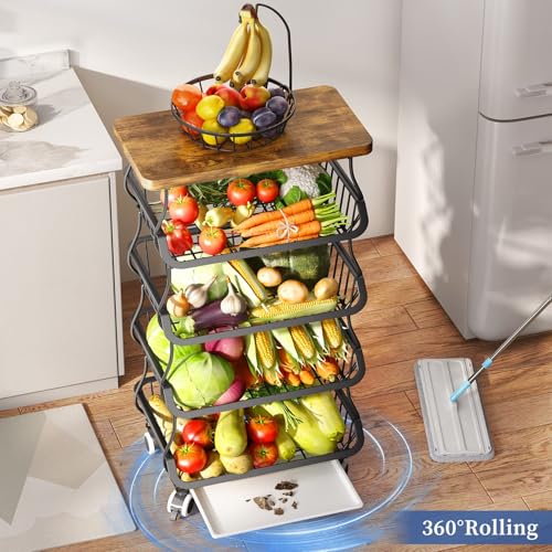 5 Tier Fruit and Vegetable Basket Stand for Kitchen (Black / 5 Tiers)