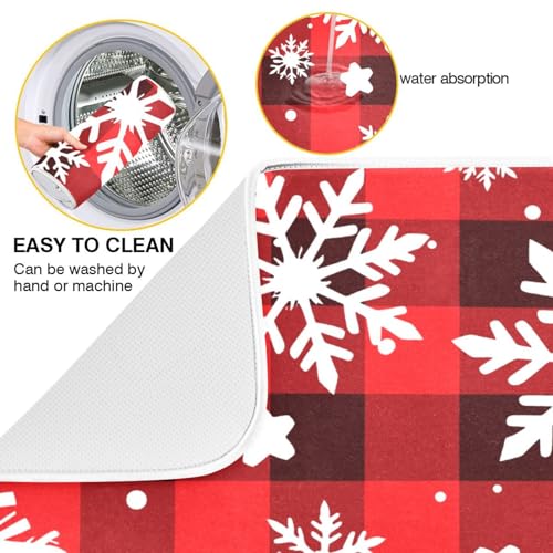 Snowflakes Christmas Tartan Plaid Dish Drying Mat for Kitchen Counter Absorbent Microfiber Drying Pad (18" x 24")