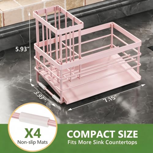 Pink Sink Caddy Sponge Holder for Kitchen with Brush Holder and Stainless Steel Self Drain Tray (8.26'' / Pink)