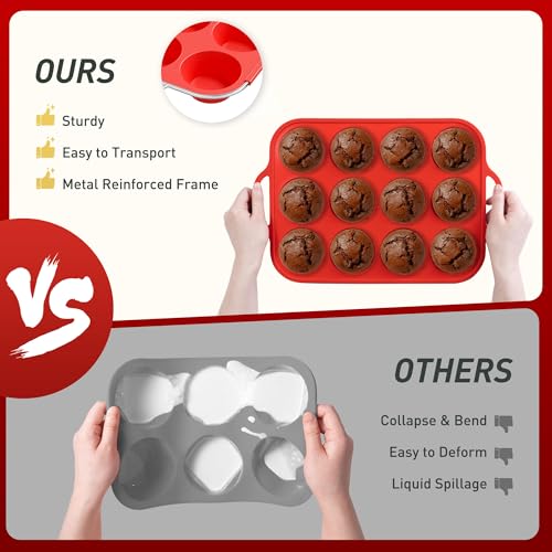 2 Packs 12 Cups Silicone Muffin Pan for Baking with Metal Reinforced Frame Regular Size Cupcake Pan Tray Egg Bites Silicone Cookie Molds Muffin Tin Tart Pans Sheet Set for Oven Dishwasher Safe (Regular / Red)