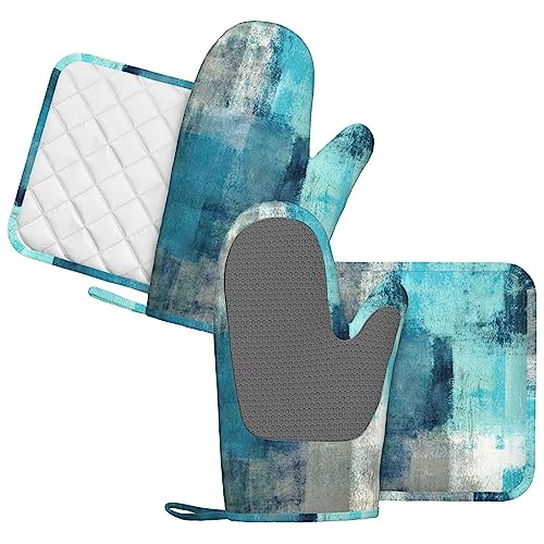 Modern Art Abstract Gery Turquoise Oven Mitts and Pot Holders Sets Silicone Turquoise Kitchen Mitts Potholders Heat Resistant 4Pcs Teal Oven Gloves Hot Pads for Kitchen Baking Cooking BBQ (Teal Abstract)