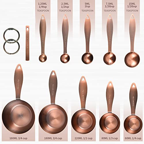 Copper Plated Measuring Cups and Spoons Set with 5 Copper Measuring Cups and 5 Measuring Spoons and Measure Ingredient Leveler and Rings