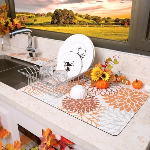 2Pcs Fall Dish Drying Mat & Sink Splash Guard (Orange / 12" X 20" + 24" X 5.5")