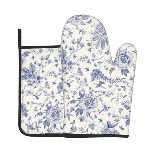 Chinoiserie Flower Oven Mitts and Pot Holder Blue Leaves Heat Resistant 2Pcs Washable Oven Gloves Hot Pads for Kitchen Baking Grilling BBQ (Chinoiserie Flower)