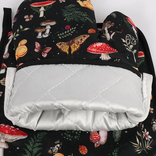 Mushroom Oven Mitts and Pot Holders Sets Cute Oven Gloves Heat Resistant 4 Pcs Funny Decorative Kitchen Hot Pads and Mitts for Baking Cooking Grilling (Black Red)