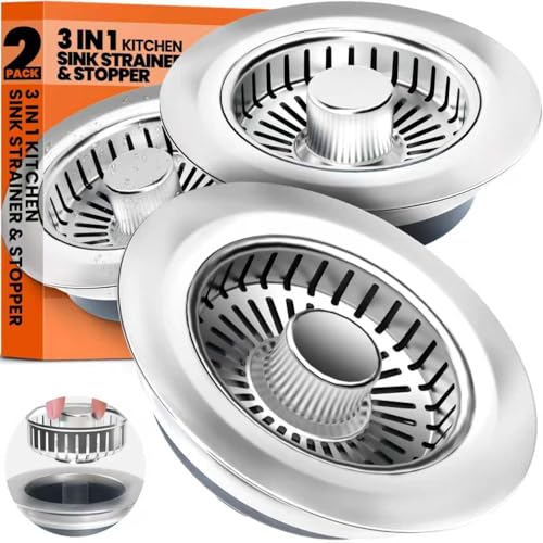 3 in 1 Kitchen Sink Drain Strainer and Stopper Brushed Silver (2pack / Silver Silver)